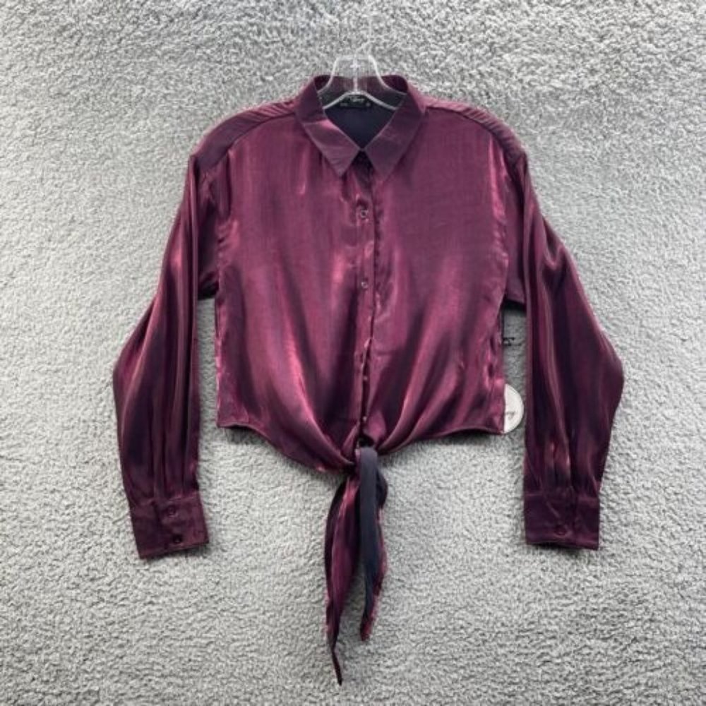 Milk‎ & Honey Top Juniors Small Maroon Collard Button Up Front Tie Top Juniors S